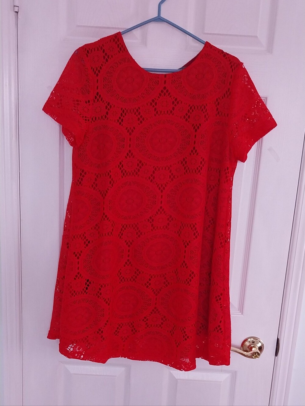 Red Crochet Lace Short-Sleeve Tunic Dress